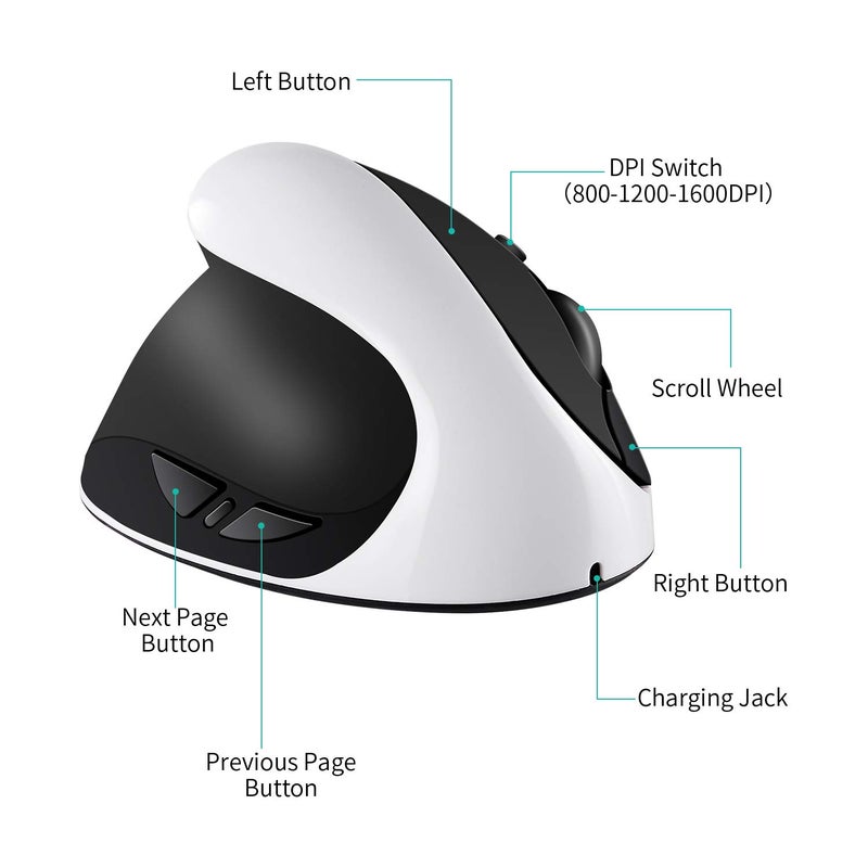 AURTEC Left-Handed Mouse, Rechargeable 2.4G Wireless Ergonomic Vertical Mice with USB Receiver, 6 Buttons and 3 Adjustable DPI 800/1200/1600 for Left Hand, White - Image 5
